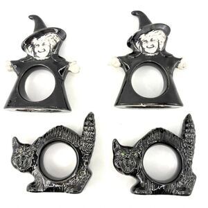 Halloween Napkin Rings Set of 4 - Witches & Black Cats Ceramic